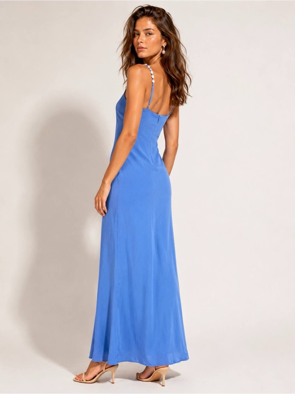 La Porte Womens Maxi Slip Dress Blue Pearl Beaded Straps Side Slit Size S NWT - Picture 4 of 12